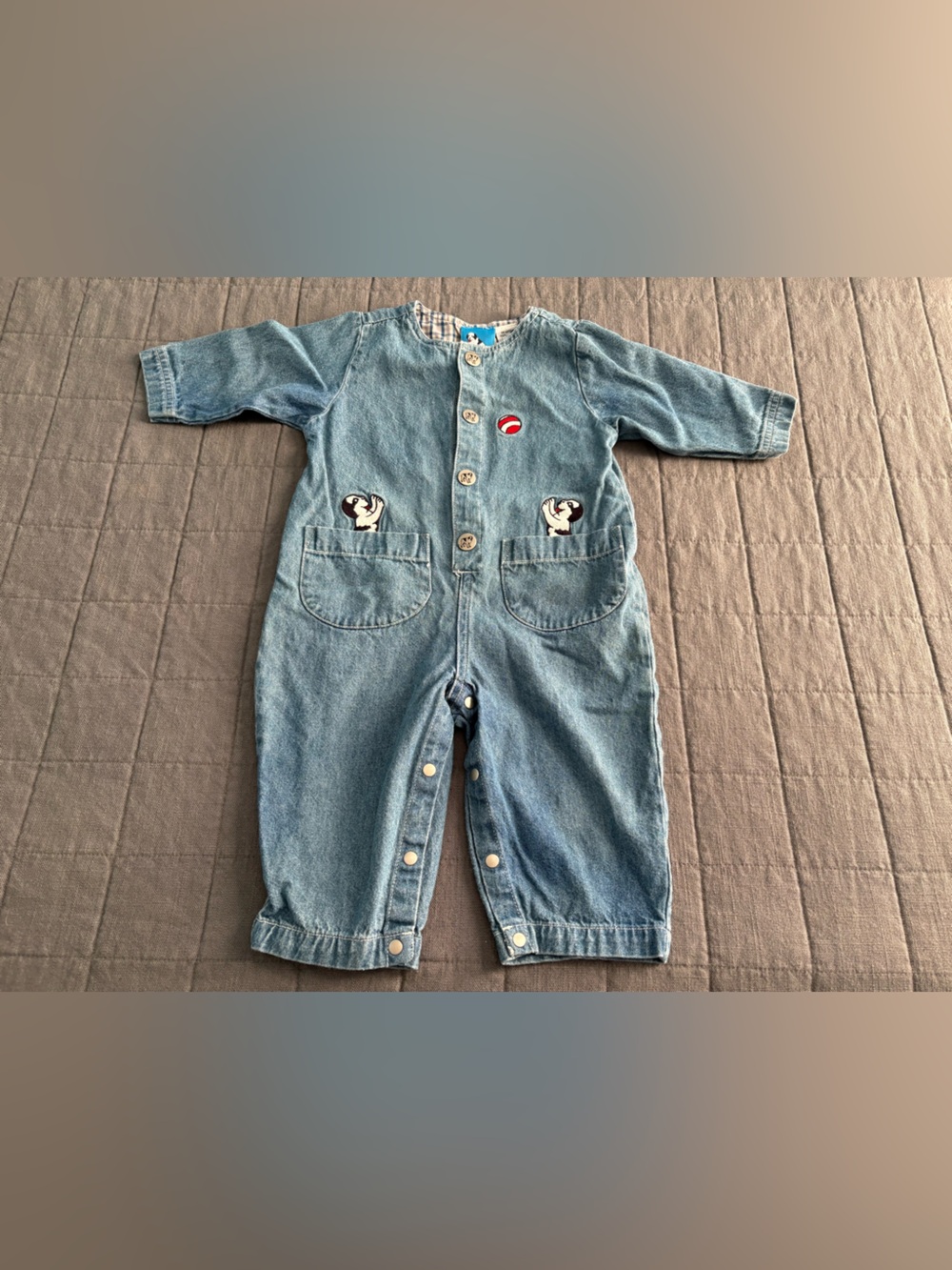VINTAGE Little Big Dogs Y2K Blue Denim Baby Snap Appliqué Romper Jumpsuit